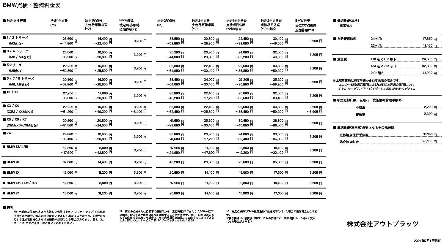 点検整備料金表