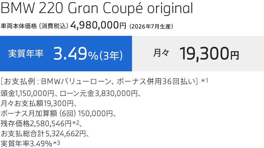 BMW 220 Gran Coupe original お支払例
